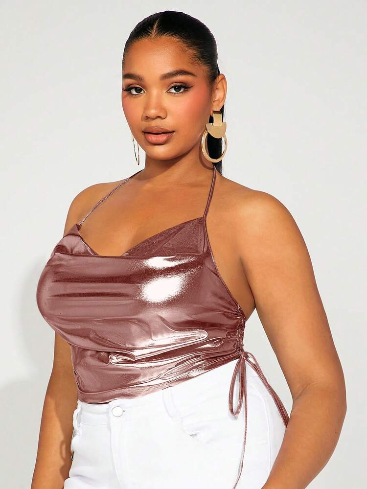 Plus Draped Drawstring Side Tie Backless Halter Top