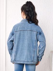Chica adolescente Cazadora mezclilla desgarro de hombros caídos - Azul lavado medio - Ver 2