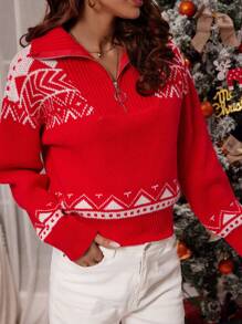 SHEIN LUNE Christmas Pattern Half Zip Drop Shoulder Knit Pullover Fall Winter Sweater - Red - View 6
