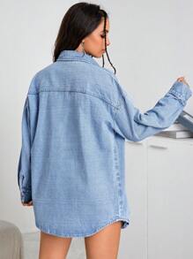 SHEIN EZwear 破洞落肩牛仔襯衫 - 淺色水洗藍 - 查看 2