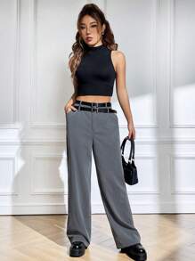 SHEIN EZwear Slant Pocket Prosta Noga Spodnie garniturowe Bez paska