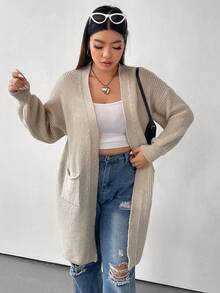 Flirla Plus Dual Pocket Drop Shoulder Duster Cardigan - Apricot - View 2