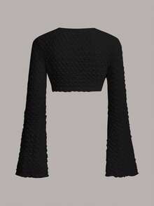 SHEIN ICON 純色前繫帶喇叭袖短款上衣 - 黑色 - 查看 3