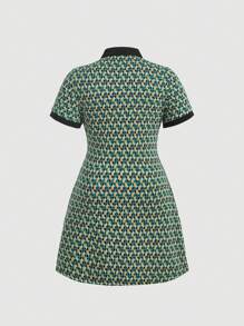 SHEIN MOD Plus Allover Print Contrast Trim Button Front Shirt Dress - Green - View 2