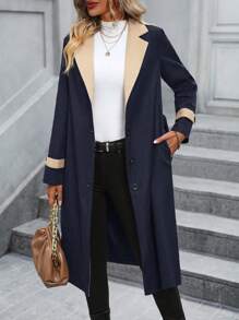 SHEIN LUNE Contrast Panel Lapel Collar Belted Trench Coat - Navy Blue - View 4
