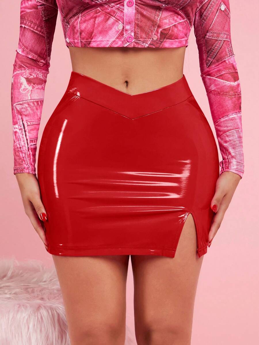 SHEIN SXY Viền chia cắt chất liệu da PU Váy bodycon - Đỏ - Xem 1