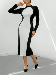 SHEIN Privé Two Tone Mock Neck Bodycon Dress