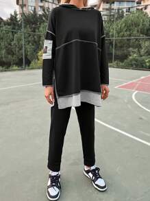 EURMUSE Letter Patched Drop Shoulder 2 In 1 Sweatshirt & Pants - Black - View 1