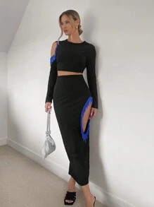 SHEIN Privé 流蘇短款 T 恤和鉛筆裙 - 黑色 - 查看 5