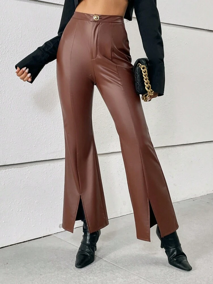 Split Hem PU Leather Flare Leg Pants