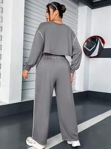 Flirla 大碼頂針落肩袖短款運動衫和運動褲 - 灰色 - 查看 3