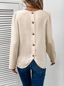 SHEIN LUNE 後紐扣泡泡袖襯衫 - 杏色 - 查看 1