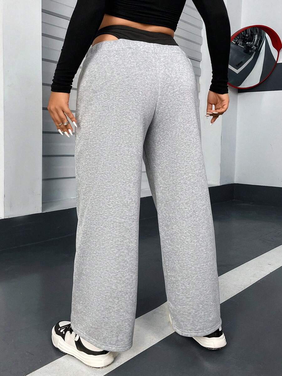 Flirla Plus Contrast 2 In 1 Waist Wide Leg Sweatpants Fall Cloth For Women - Grey - View 1