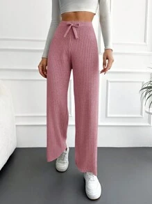 EURMUSE Cotton Solid Ribbed Knit Straight Leg Pants - Pink - View 5