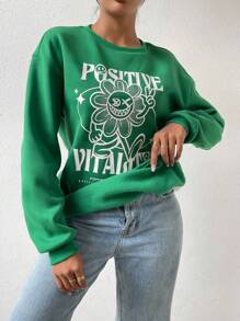 Chiquease Đồ họa hoạt hình và khẩu hiệu Thả vai Áo nỉ - màu xanh lá - Xem 1