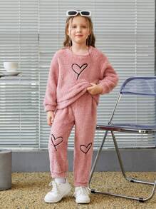 SHEIN Young Girl Heart Embroidery Drop Shoulder Teddy Sweatshirt & Pants - Dusty Pink - View 1