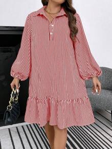 SHEIN LUNE Plus Striped Print Lantern Sleeve Ruffle Hem Smock Dress - Burgundy - View 3