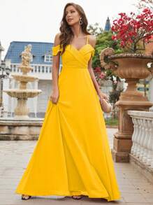 UNITHORSE 露肩褶皱紧身雪纺伴娘礼服优雅连衣裙 - 黃色 - 查看 6