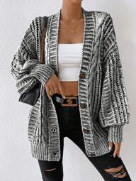 Women's Solid Color Button Front Twist Knit Cardigan, Casual Deep V-Neck Loose Fit Black Solid Color Cardigan, Long Sleeve Top For Daily Wear In Early Autumn