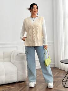 SHEIN EZwear Plus Cable Knit Split Hem Sweater Vest Without Tee Winter Fall Autumn - Beige - View 3