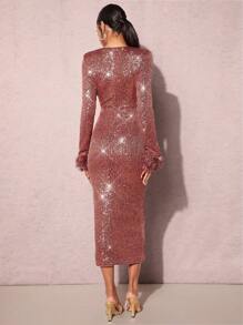 SHEIN BAE Fuzzy Cuff Sequin Bodycon Dress - Brown - View 5