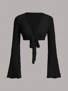 SHEIN ICON 純色前繫帶喇叭袖短款上衣 - 黑色 - 查看 1