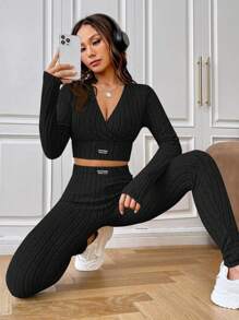 SHEIN EZwear Letter Patched Detail Crop Tee & Leggings - Black - View 4