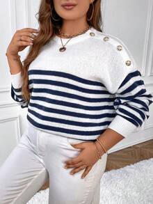 SHEIN Frenchy Plus Striped Pattern Drop Shoulder Sweater - Blue and White - View 5