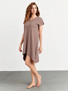 Ocili Leisure Solid Asymmetrical Hem Lounge Dress - Brown - View 5