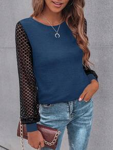 SHEIN LUNE Contrast Lace Lantern Sleeve Tee - Navy Blue - View 5