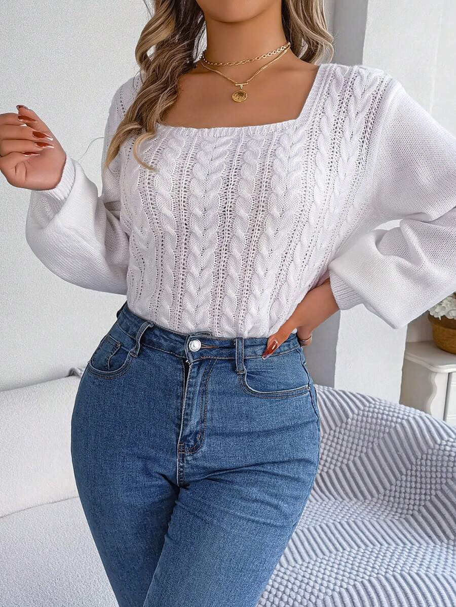 Square Neck Cable Knit Lantern Sleeve Sweater - White - View 1