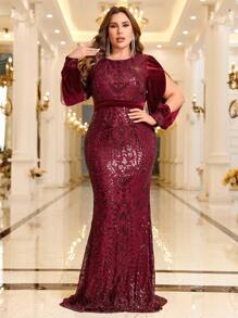 Plus Split Sleeve Sequin Formal Dress - Burgundy - View 1