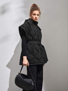 Anewsta 拉链系腰带背心棉服外套，女士深秋休闲系腰带、纽扣、口袋连帽超大黑色纯色女士棉服外套，冬季保暖/冬季时尚 - 黑色 - 查看 4