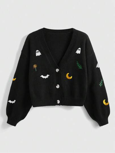 Fairycore Plus Cardigan Fantôme Halloween & Motif Lune Épaule tombante