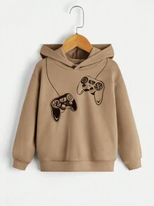 SHEIN Young Boy Gamepad Print Drop Shoulder Hoodie - Khaki - View 1