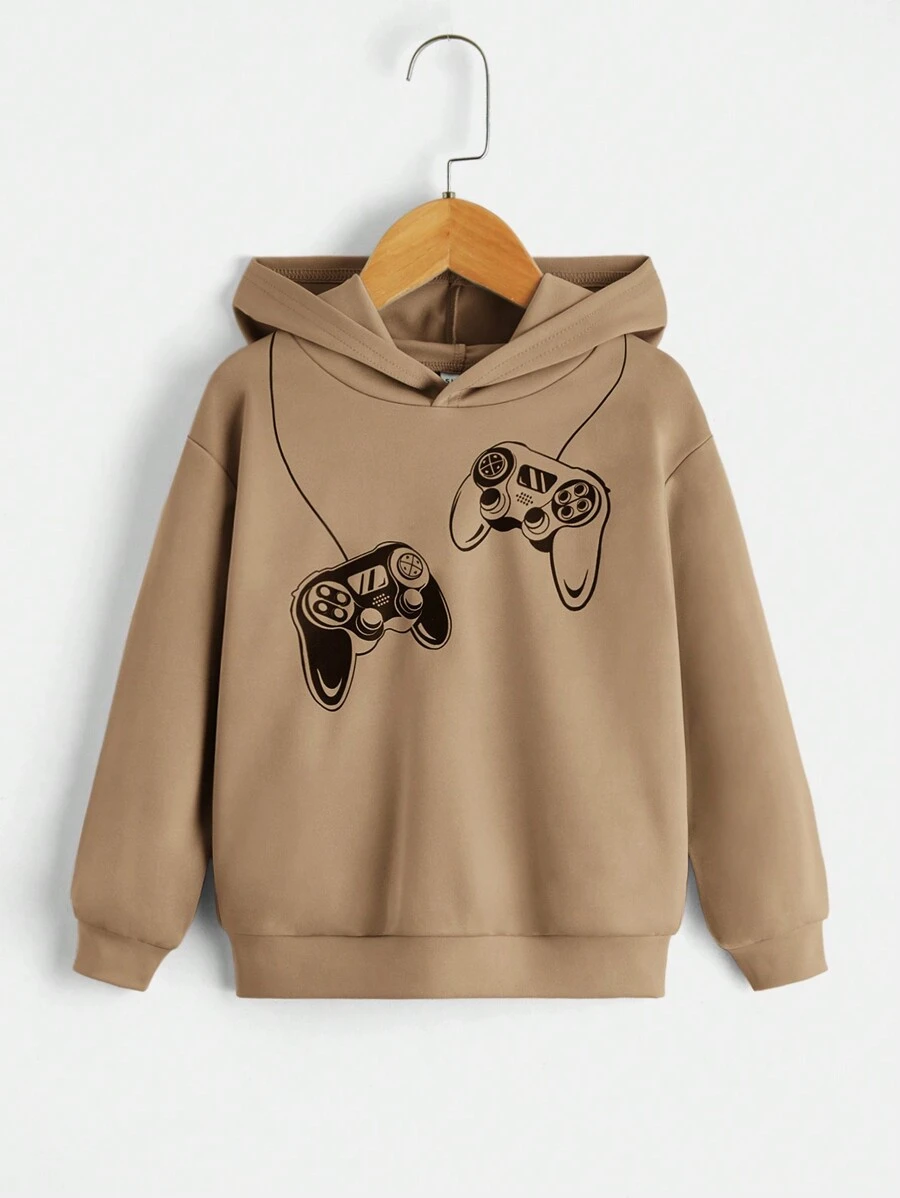 SHEIN Young Boy Gamepad Print Drop Shoulder Hoodie - Khaki - View 1