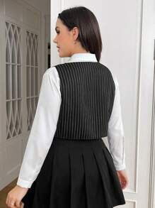 SHEIN EZwear 大碼細條紋印花馬甲西裝外套無襯衫 - 黑色 - 查看 2