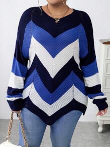 Calvaya 大碼V 形拼色落肩不對稱下擺毛衣 - 彩色 - 查看 1