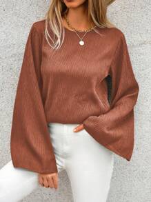 EURMUSE Solid Trumpet Sleeve Blouse - Rust Brown - View 1