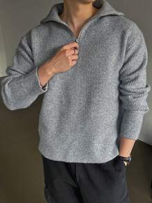 DAZY Men Ribbed Knit Quarter Zip Drop Shoulder Fall Sweater - Grey - View 1