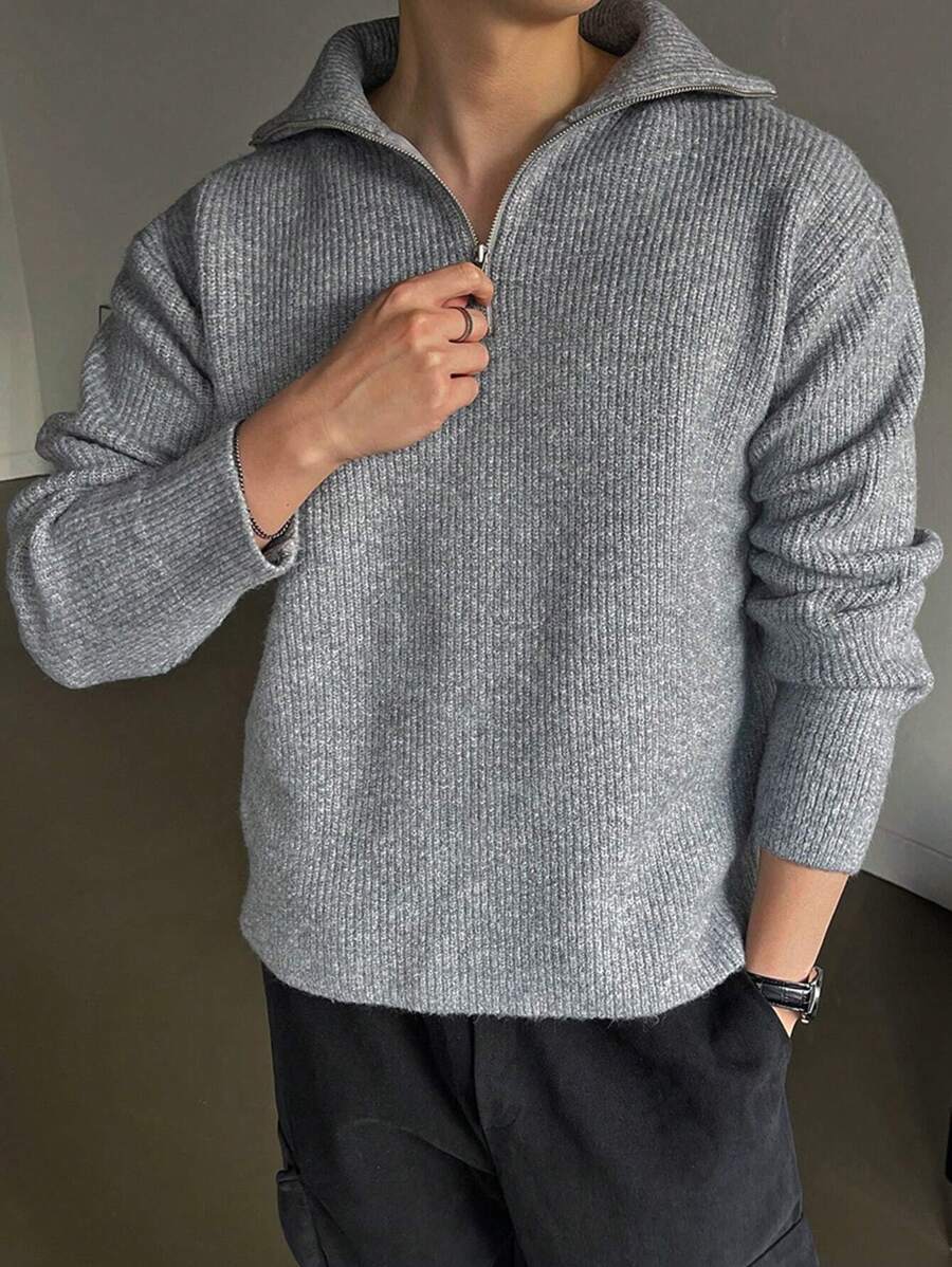 DAZY Men Ribbed Knit Quarter Zip Drop Shoulder Fall Sweater - Grey - View 1