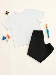 RueChic Tween Boy Slogan Graphic Tee & Drawstring Waist Pants - Black and White - View 2