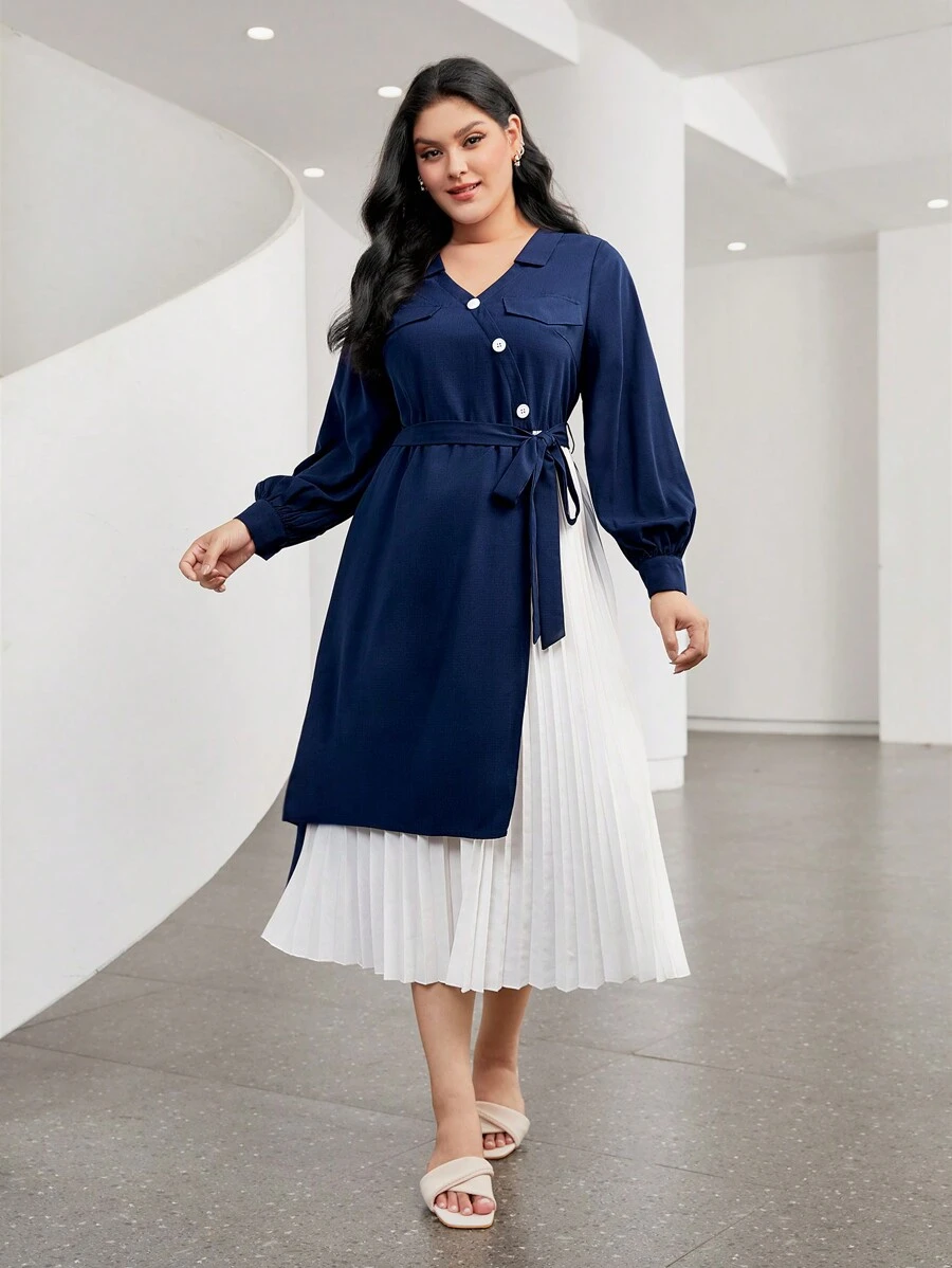 Mulvari Plus Two Tone Pleated Hem Belted Dress - Multicolor - View 1