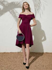 Anewsta Off Shoulder Foldover Front Dress Burgundy Color Women Outfit