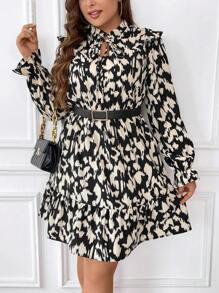 SHEIN Frenchy Plus Allover Print Tie Neck Flounce Sleeve Ruffle Trim Dress Without Belt