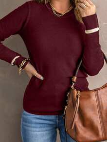 CILKOO 拼接邊圓領套頭毛衣 - 酒紅色 - 查看 4
