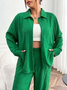 SHEIN EZwear Plus Solid Plisse Shirt & Pants - Green - View 6