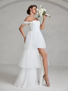 Off Shoulder Layer Hem Mesh Wedding Dress - White - View 1