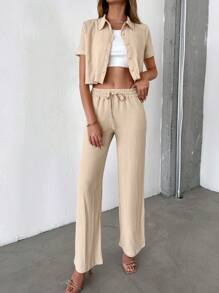 RueChic unicolor con botón delantero Camisa & de cintura con cordón Pantalones