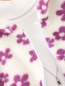 SHEIN 女大童花卉圖案落肩袖連帽毛絨夾克無毛衣 - 紫色 - 查看 4
